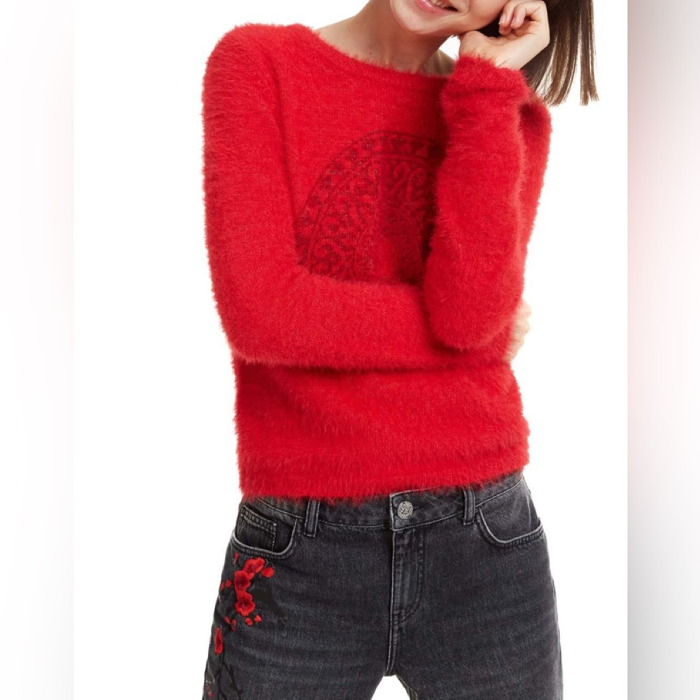 Desigual Red Fuzzy Crew Neck Sweater